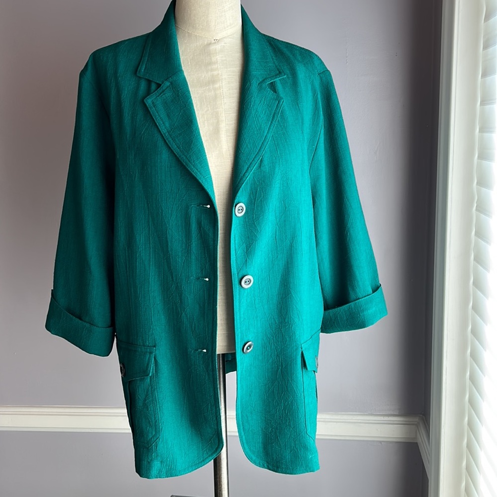Vintage TanJay green crinkle 3/4 sleeve unconstructed button front jacket